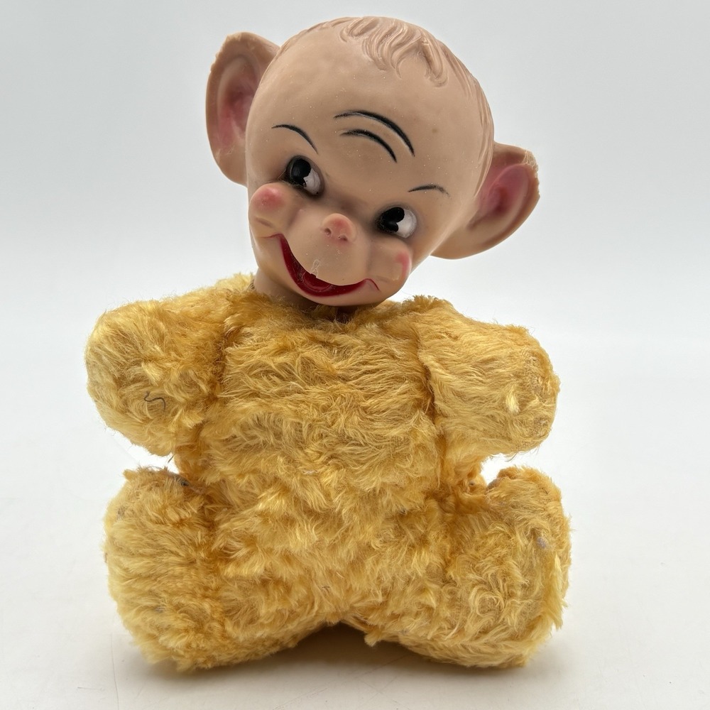 Vintage My Toy Rubber Face Monkey Plush‎ 8" Side Eye Creepy Cute Yellow 50s